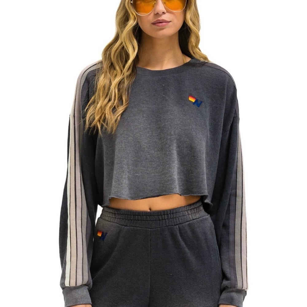 Aviator Nation CLASSIC STRIPE CROPPED CREW SWEATSHIRT RELAXED - FADED SMOKE - Picture 2 of 10